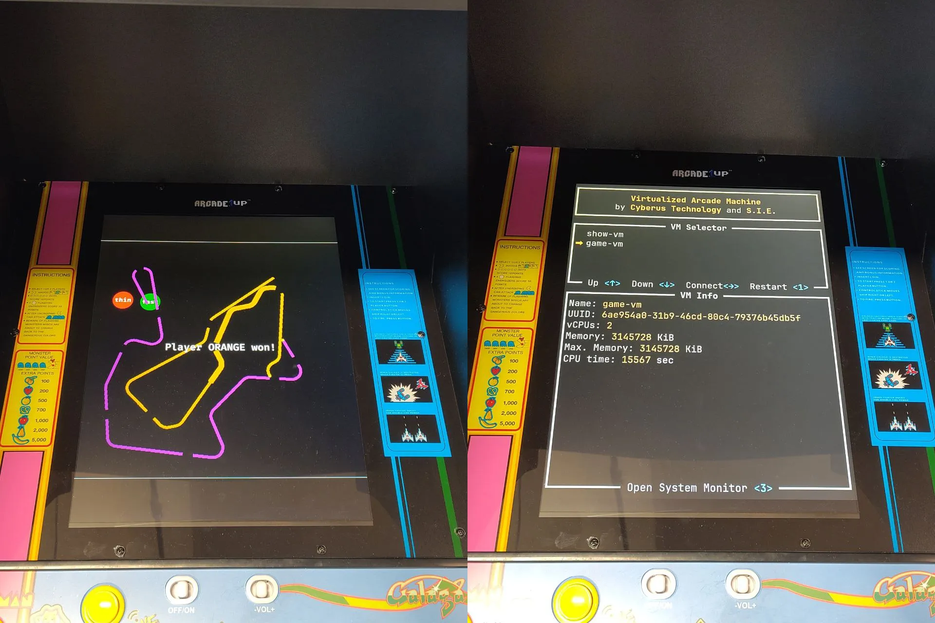 The game running in a virtual machine (left) and the overview of VMs on the host.