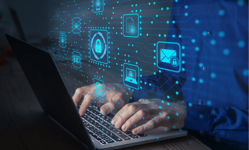 Laptop with cybersecurity icons
