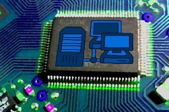 Illustration of connected virtual machines on a microchip, symbolizing hypervisor-based endpoint security